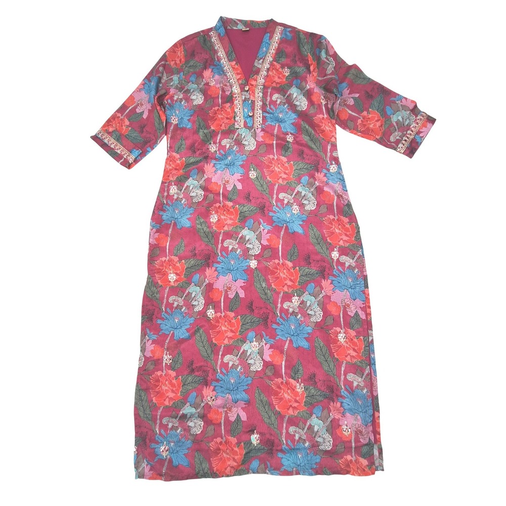 Pink Floral Kurta Tunic Womens Medium Embellished Boho Ethnic Dress
